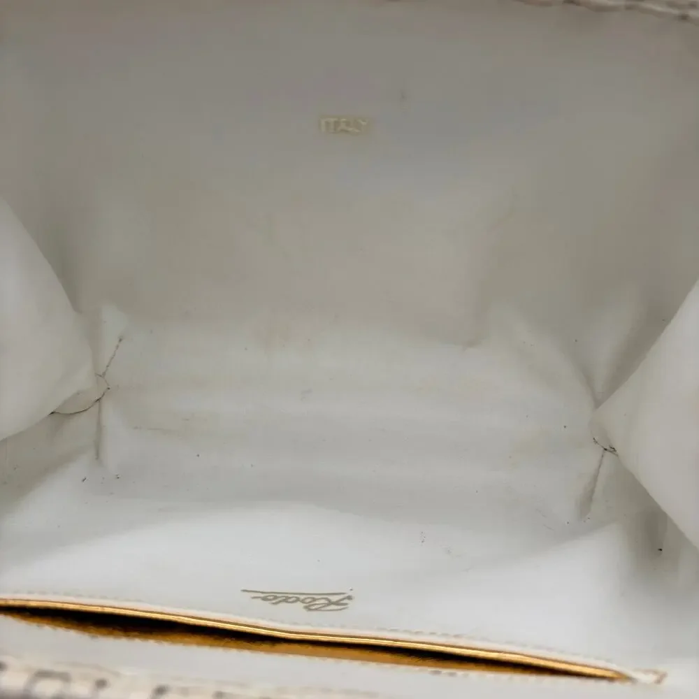 Rodo Italy Woven Cane Leather Box Clutch Ivory Gold Tone Vintage Bag